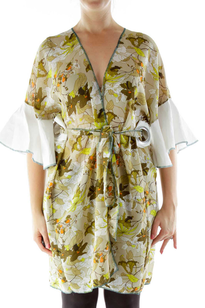 Green White Flower Print Kimono