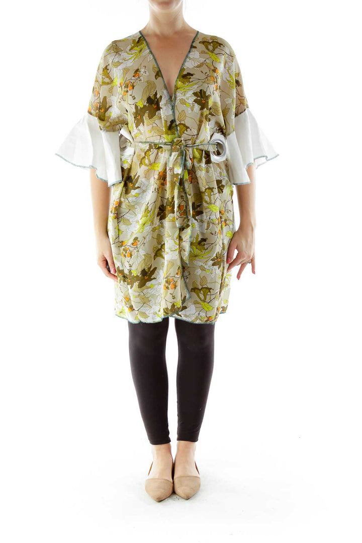 Green White Flower Print Kimono