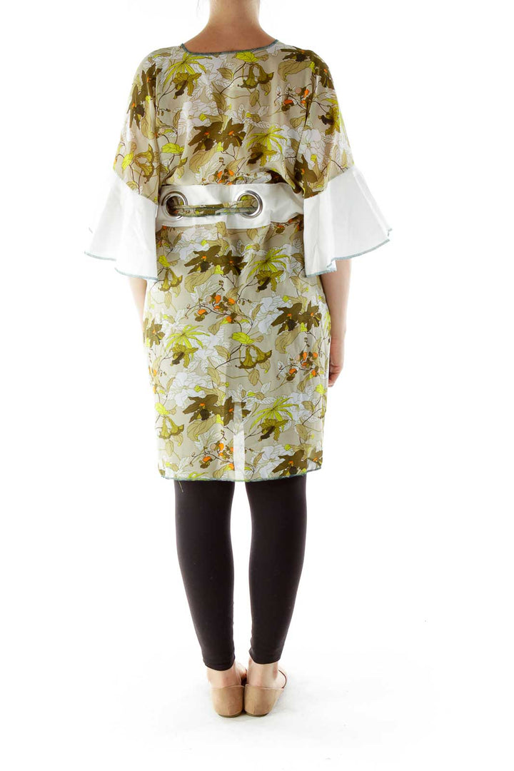 Green White Flower Print Kimono