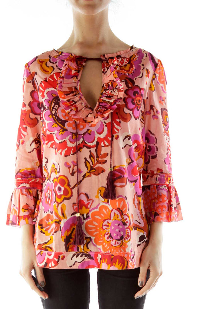 Pink Red Flower Print Blouse