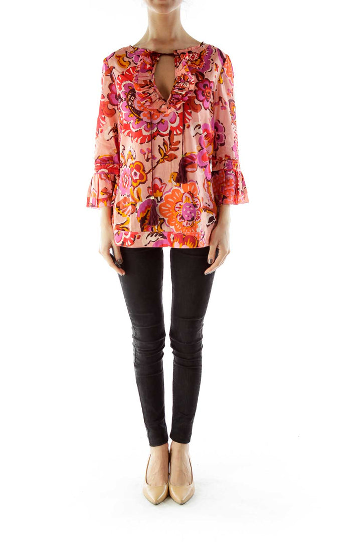 Pink Red Flower Print Blouse