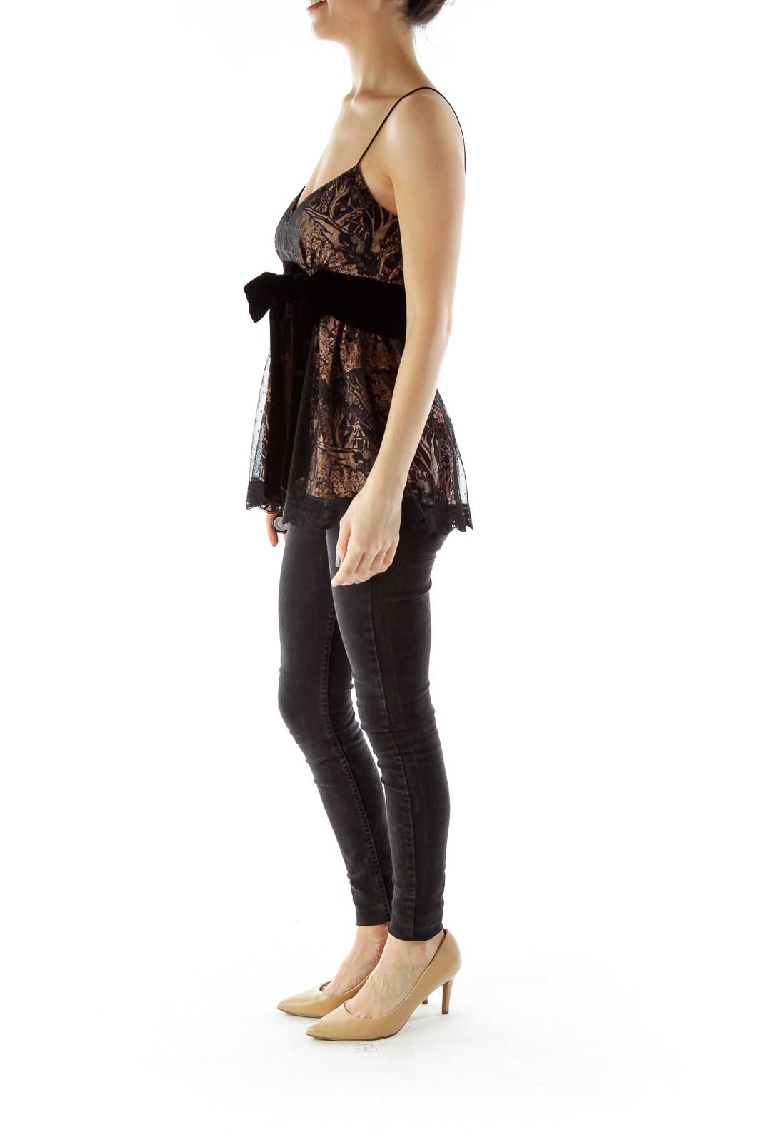 Black Tan Lace Top with Velvet Belt