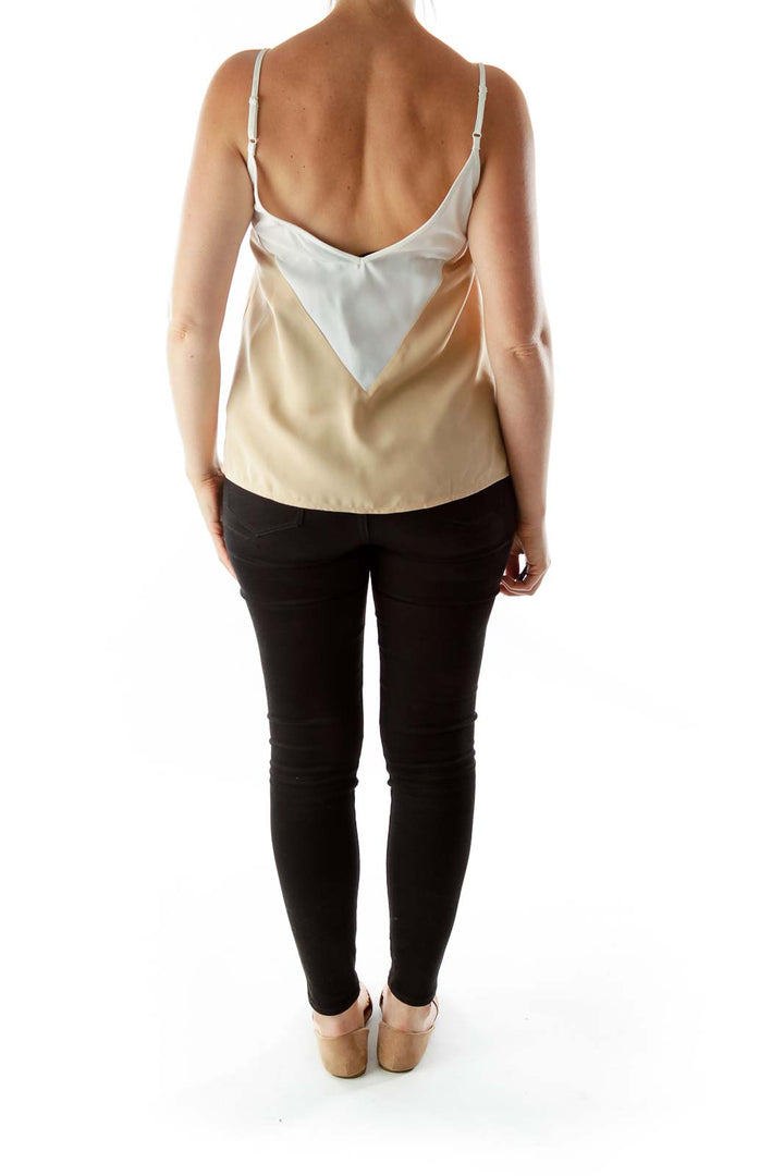 Beige White V-Neck Sleeveless Blouse