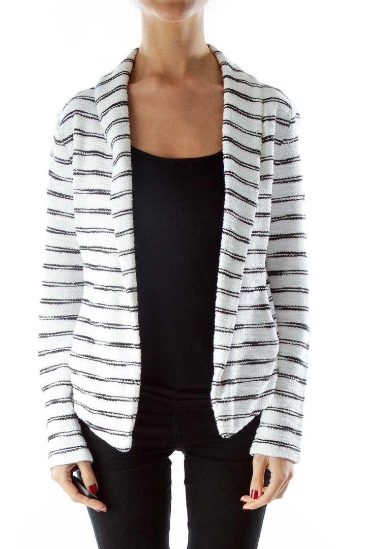 White Black Striped Pocketed Open Jacket