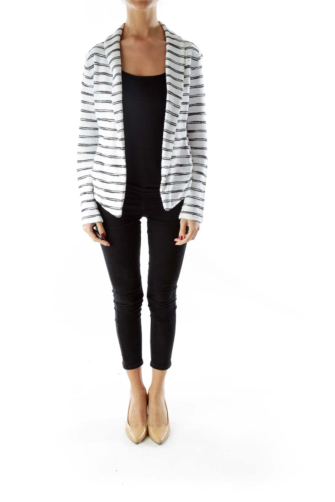 White Black Striped Pocketed Open Jacket