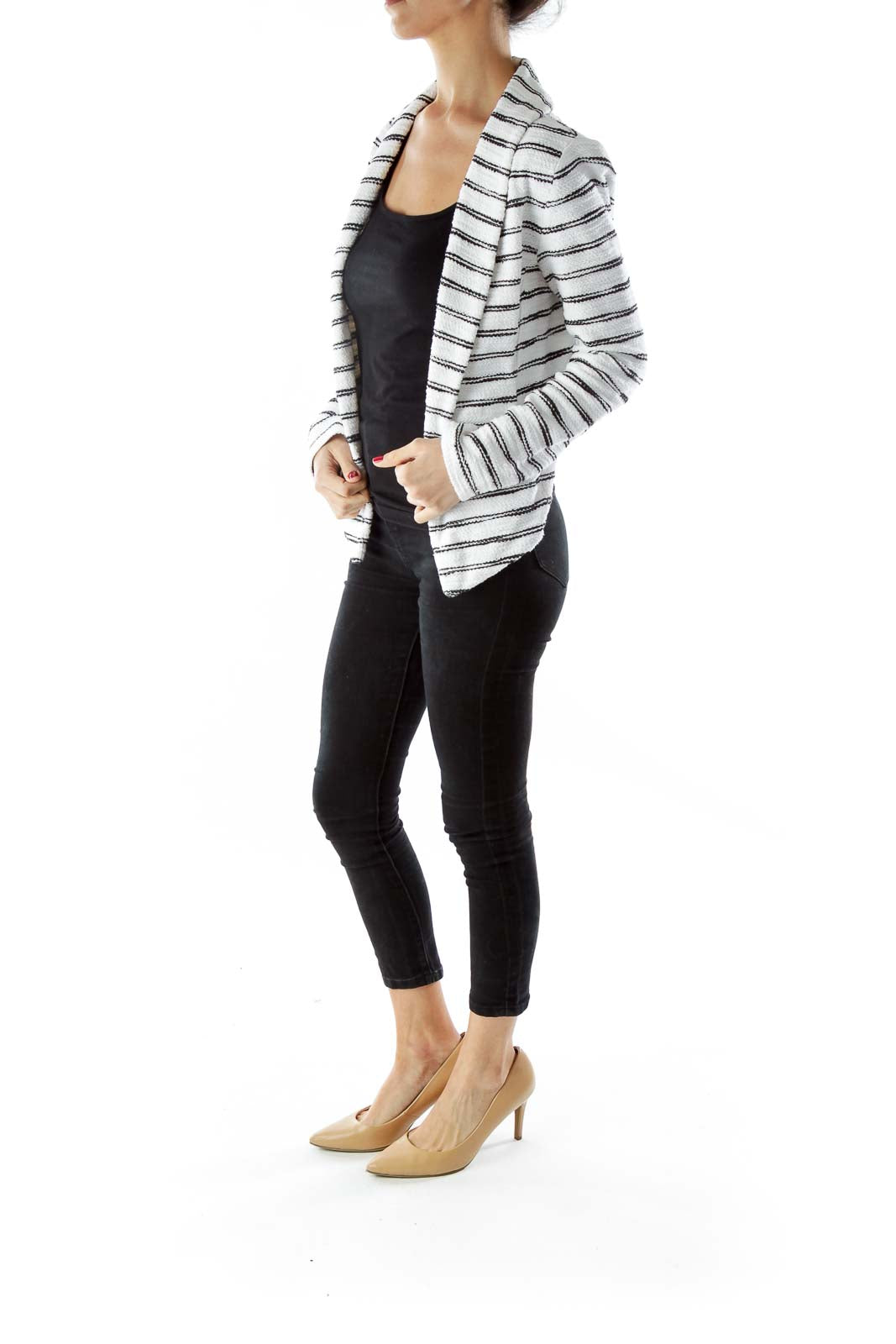 White Black Striped Pocketed Open Jacket