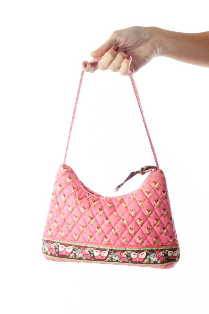 Pink Brown Flower Print Quilted Shoulder Bag