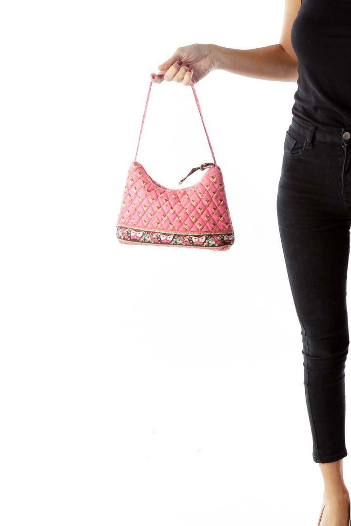 Pink Brown Flower Print Quilted Shoulder Bag