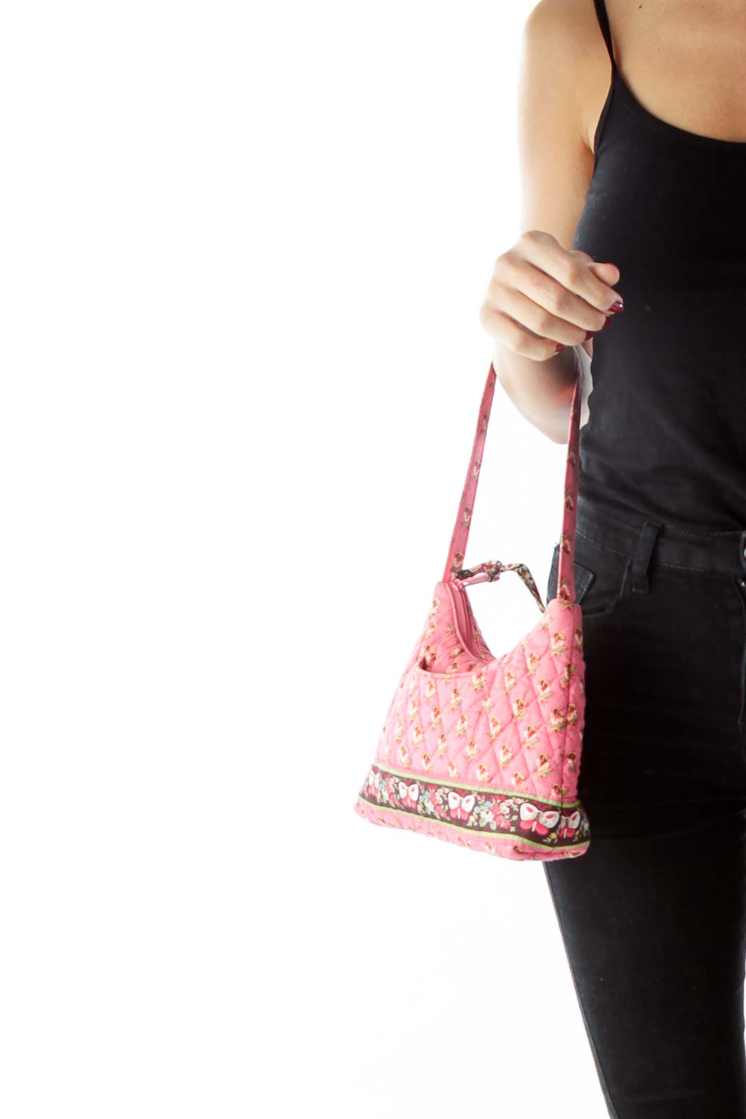 Pink Brown Flower Print Quilted Shoulder Bag