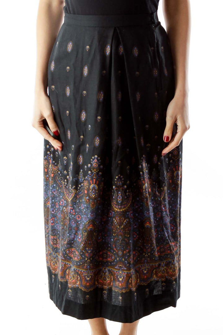 Black Floral Print Midi Skirt