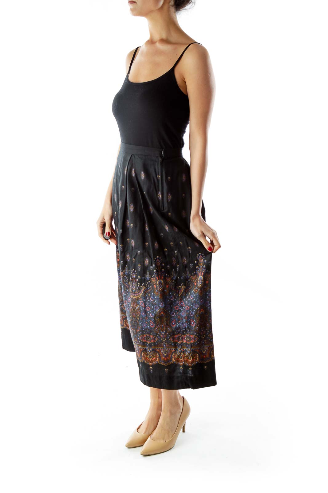 Black Floral Print Midi Skirt