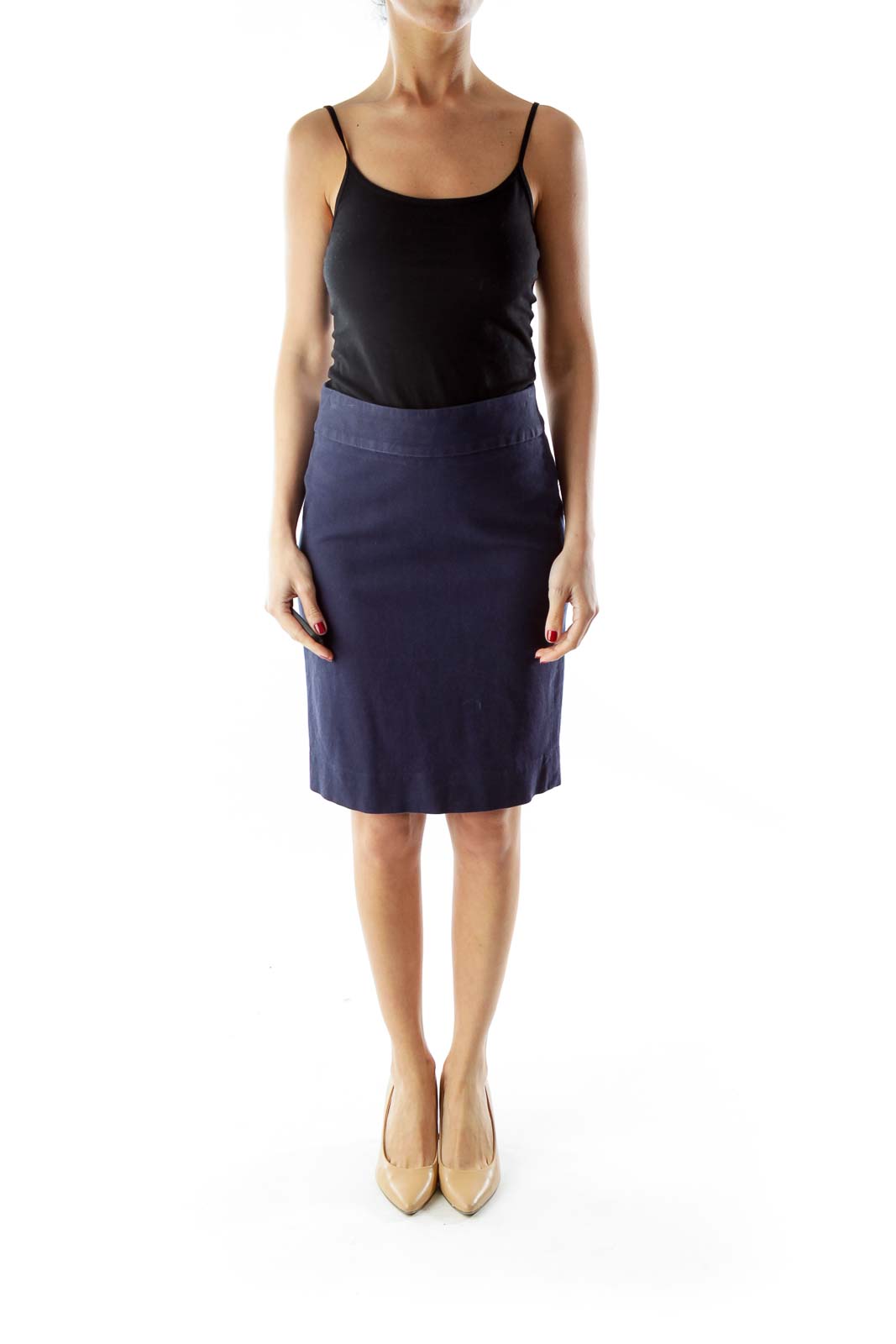 Navy Pocketed Zippered Pencil Skirt