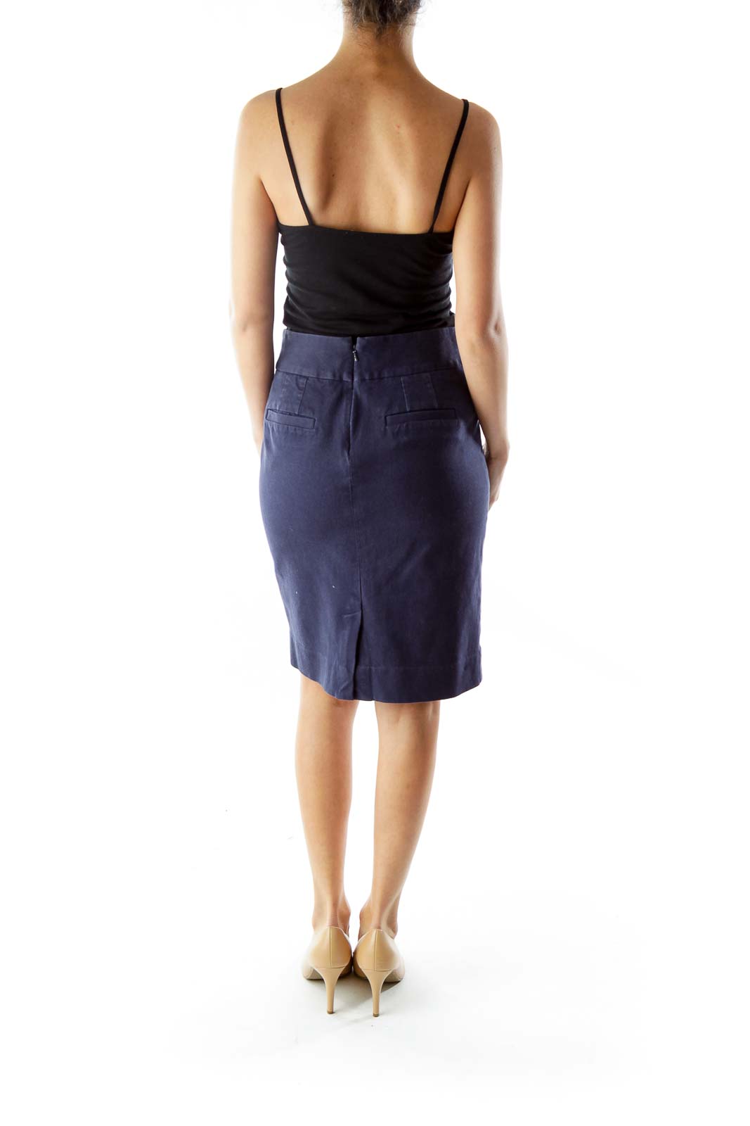 Navy Pocketed Zippered Pencil Skirt