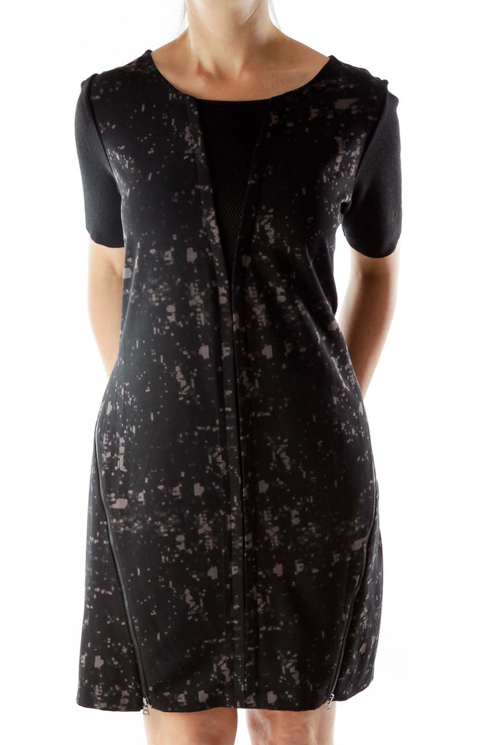 Black Gray Print Zipper Dress