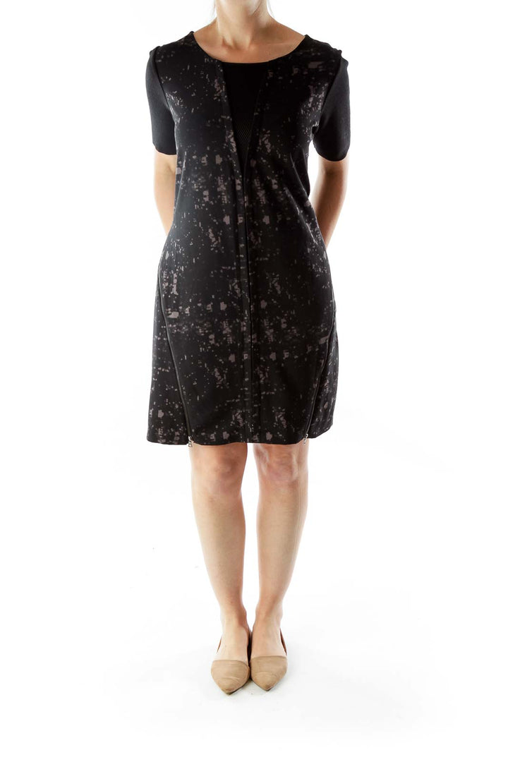 Black Gray Print Zipper Dress