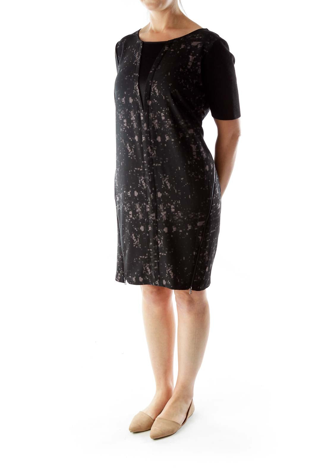 Black Gray Print Zipper Dress