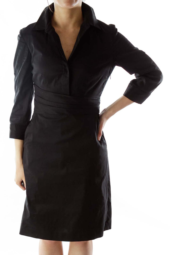 Black V-neck Pleated Work Dress