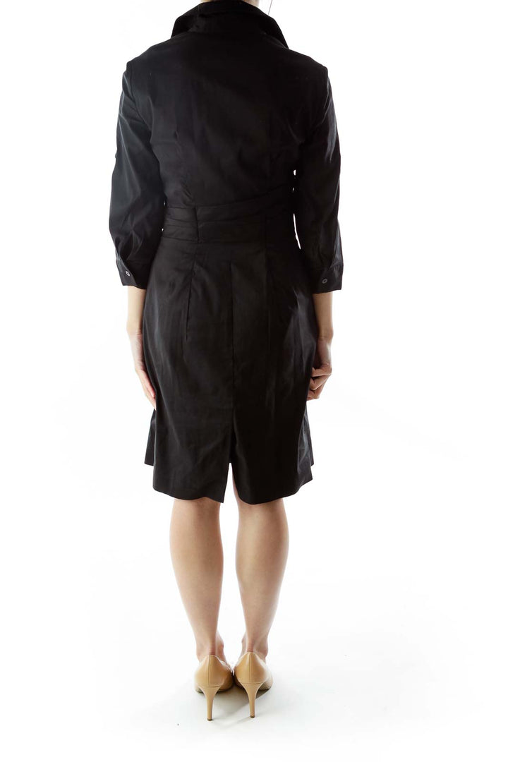 Black V-neck Pleated Work Dress