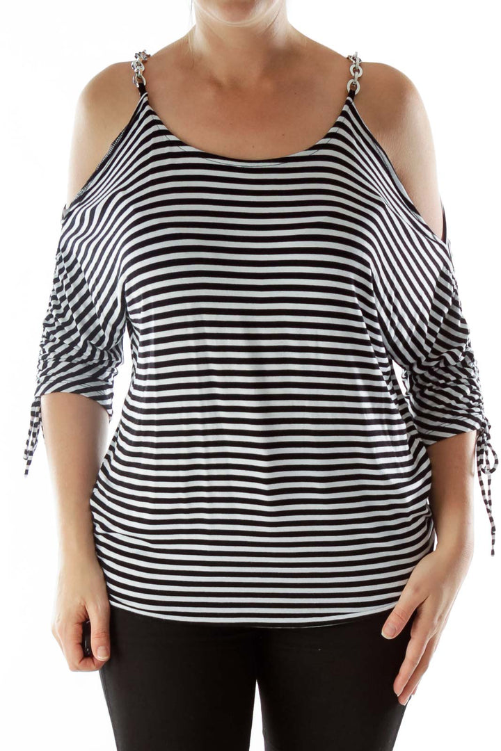 Black White Striped Drawstring Cut-Out Blouse with Metal Detail