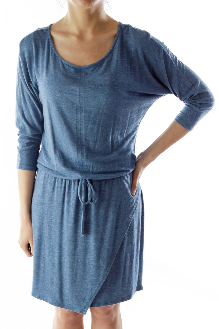 Blue Loose Drawstring Mid-Sleeve Dress