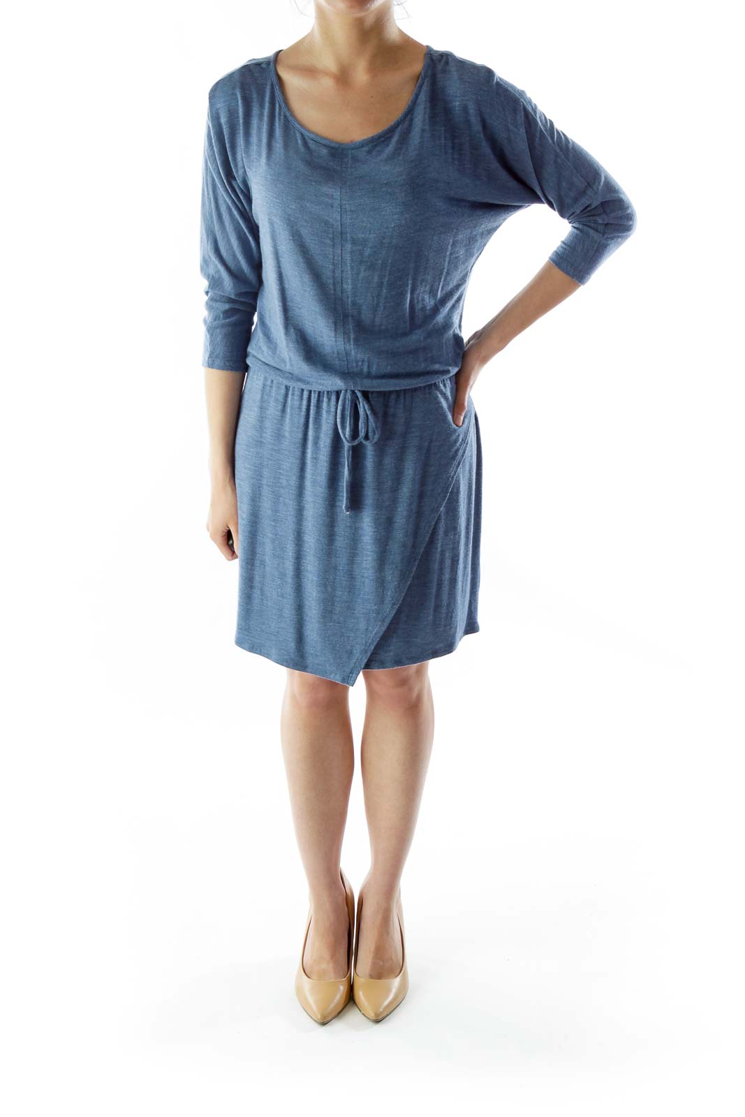 Blue Loose Drawstring Mid-Sleeve Dress