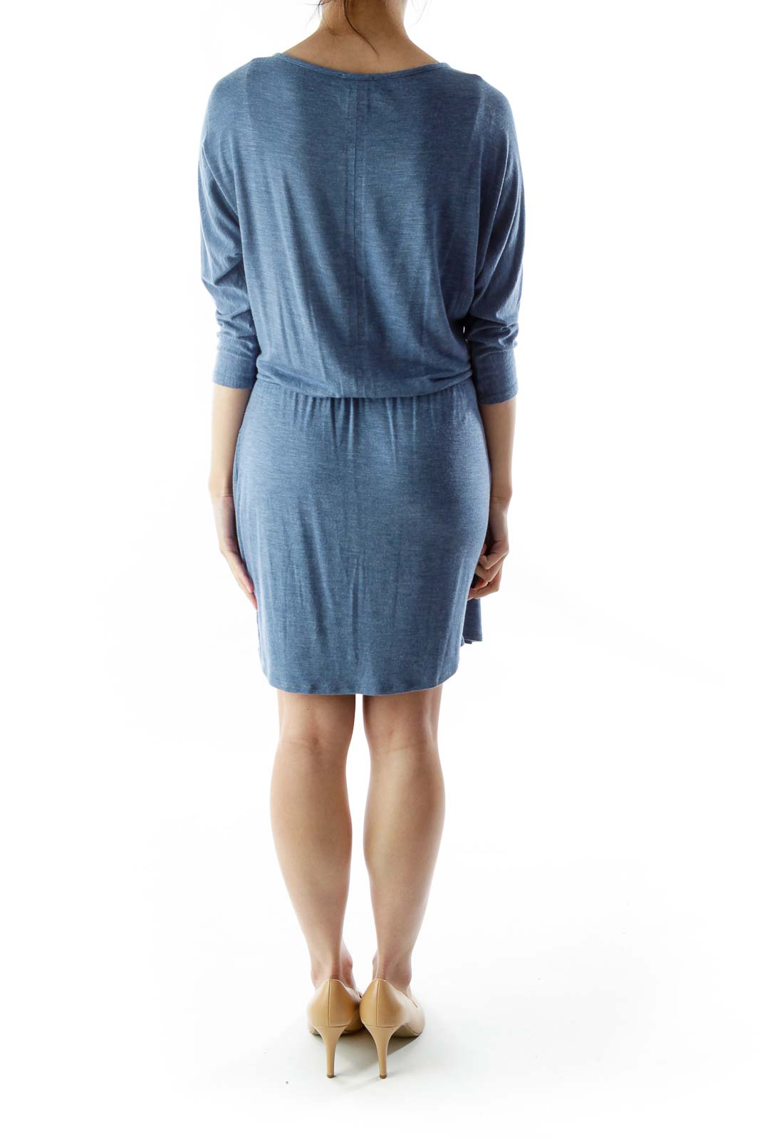 Blue Loose Drawstring Mid-Sleeve Dress