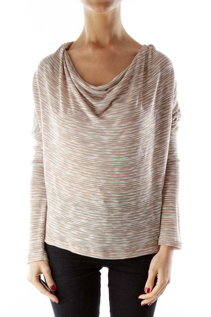 Beige Jersey Knit Cowl Neck Top