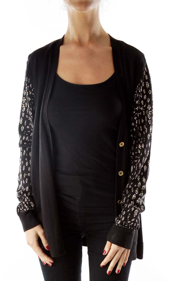 Black Buttoned Cardigan with Rhinestone Detail