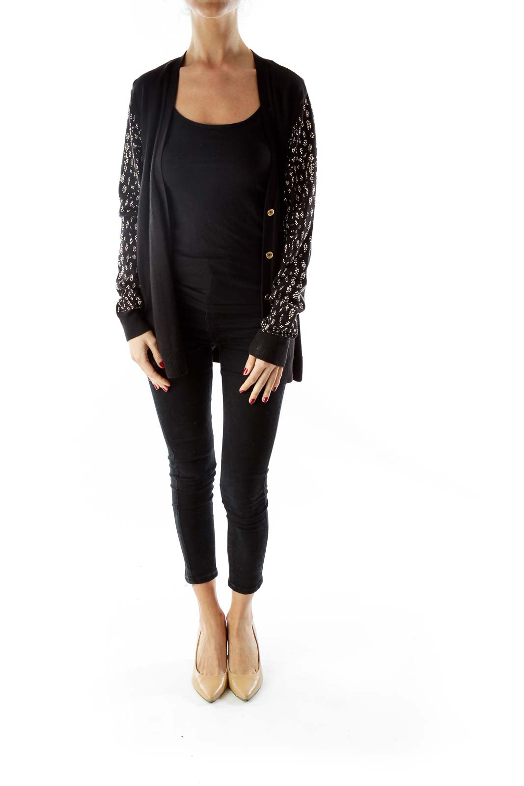 Black Buttoned Cardigan with Rhinestone Detail