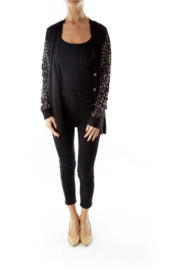 Black Buttoned Cardigan with Rhinestone Detail