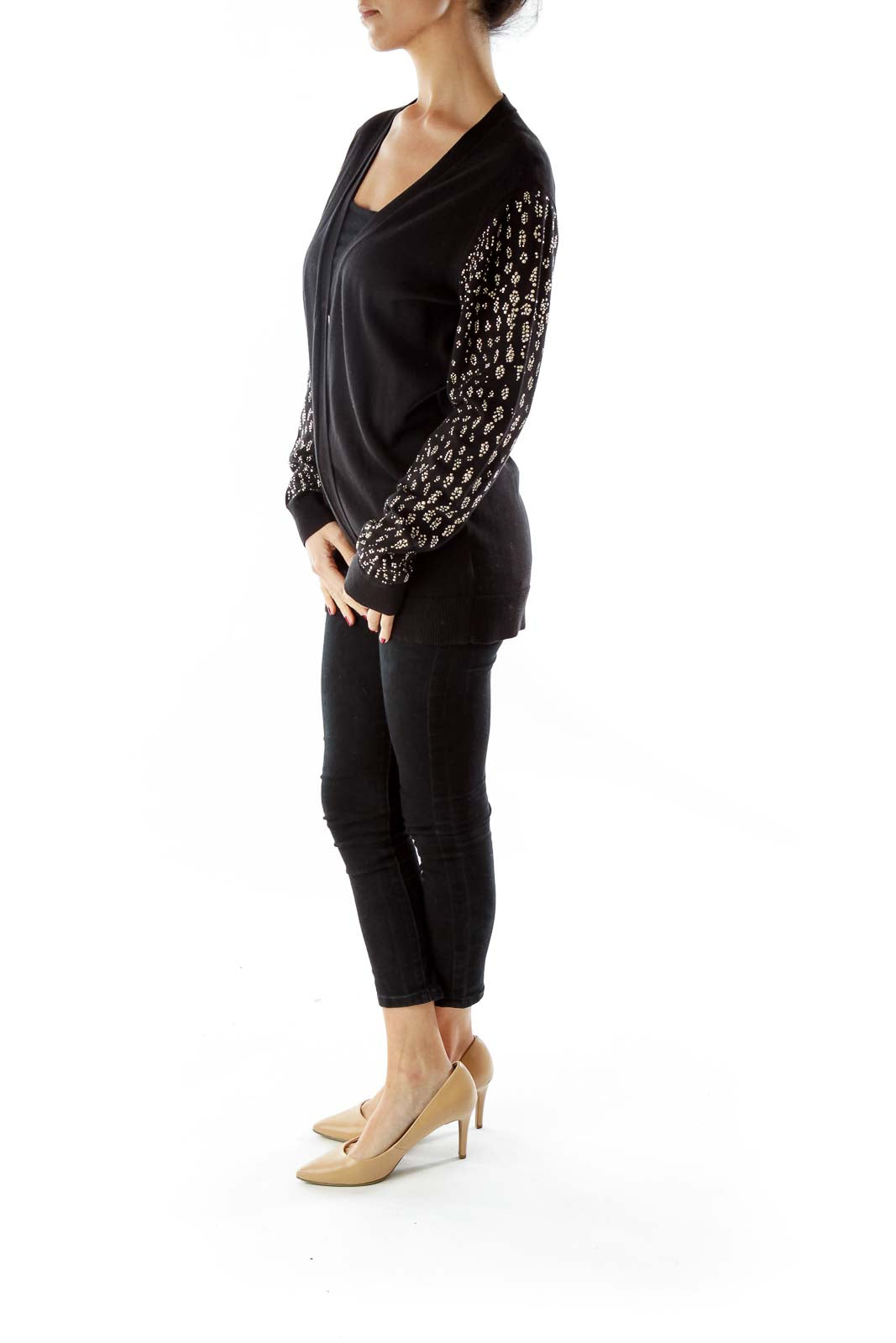 Black Buttoned Cardigan with Rhinestone Detail