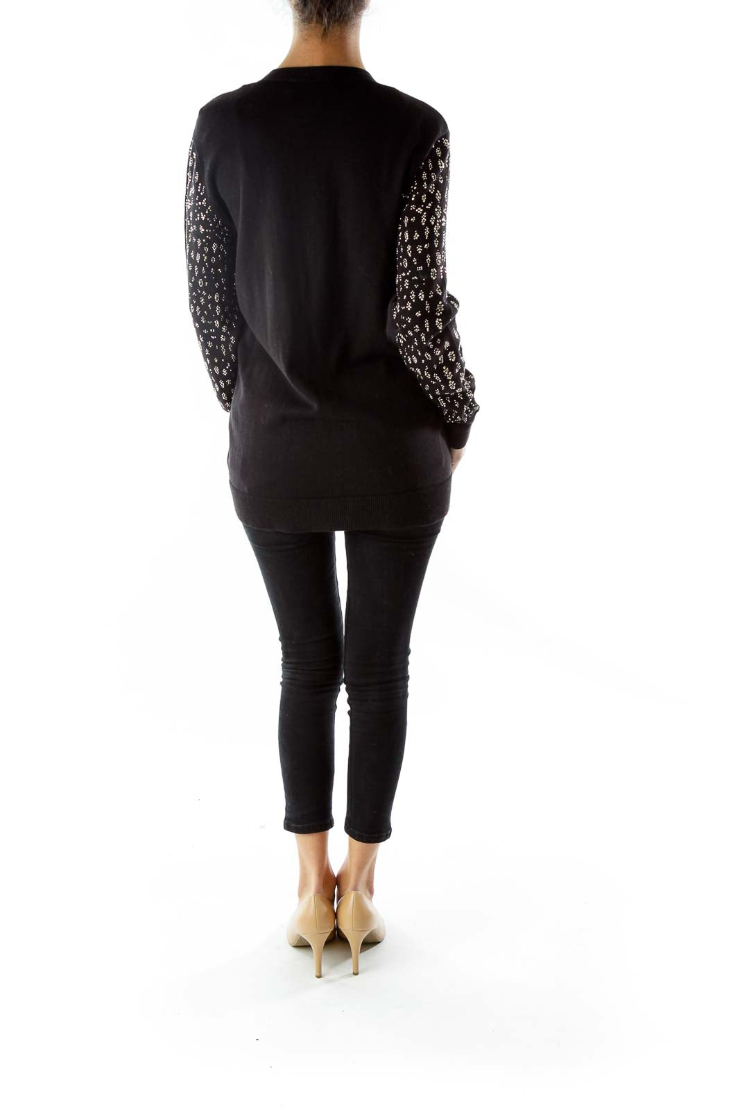 Black Buttoned Cardigan with Rhinestone Detail