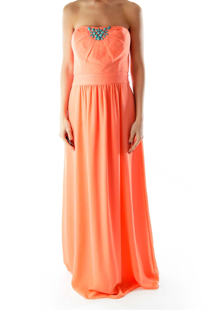 Teal Beaded Strapless Orange Floor length Dress