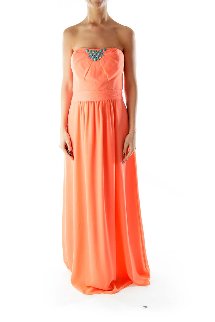 Teal Beaded Strapless Orange Floor length Dress