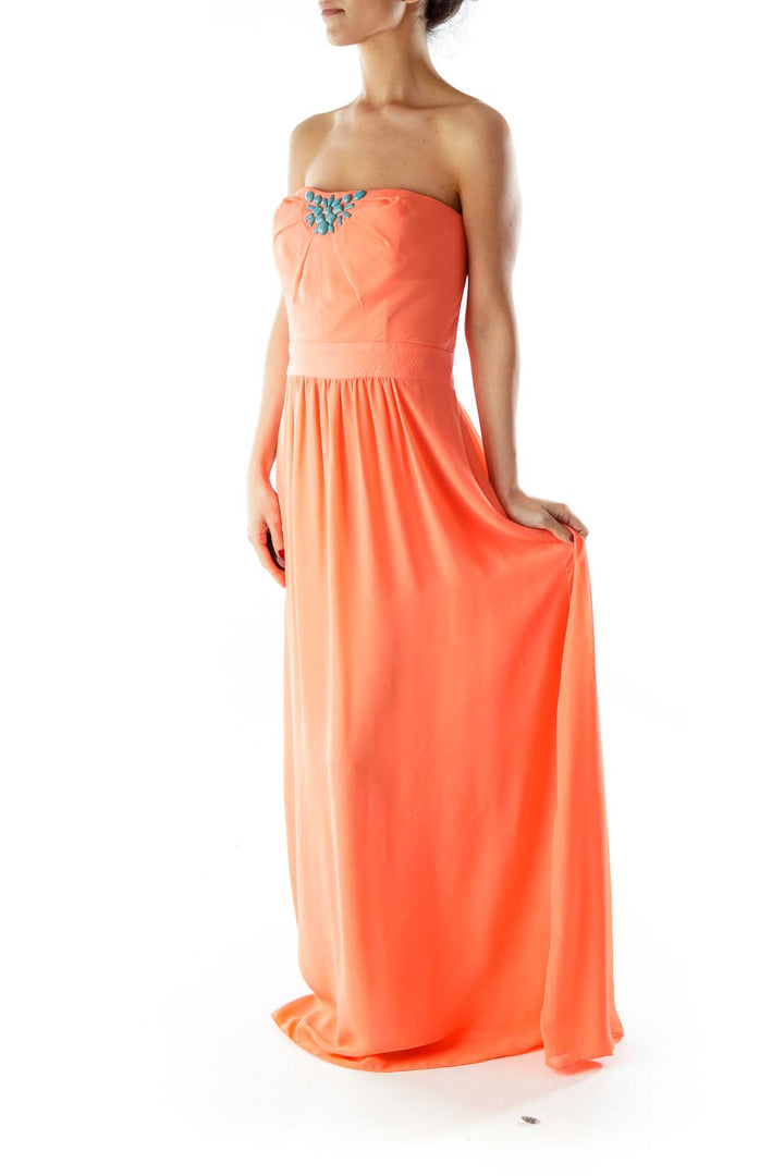 Teal Beaded Strapless Orange Floor length Dress