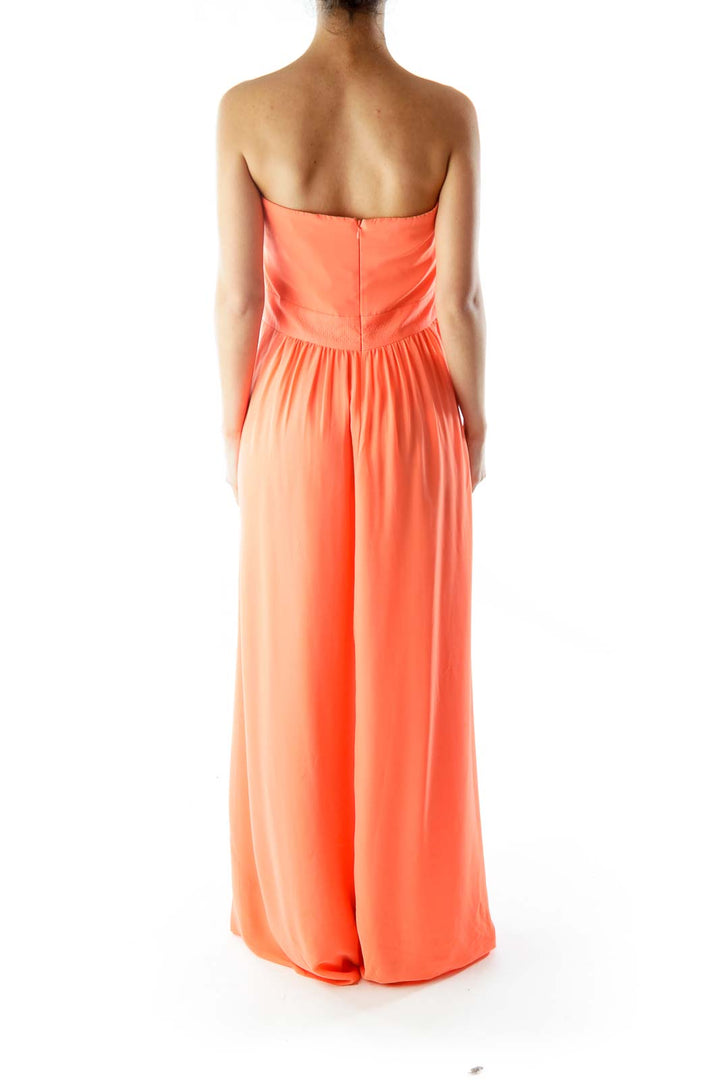 Teal Beaded Strapless Orange Floor length Dress