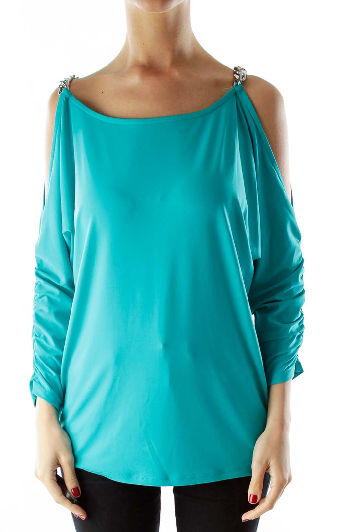 Blue Cut-Out Scrunched Blouse with Metal Details