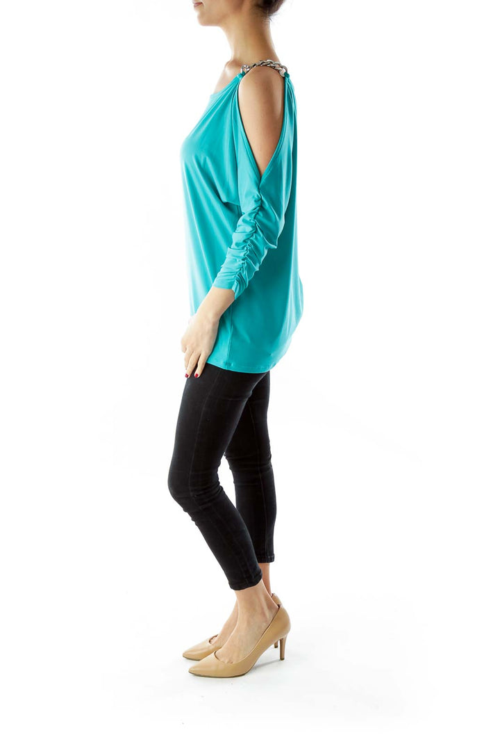 Blue Cut-Out Scrunched Blouse with Metal Details