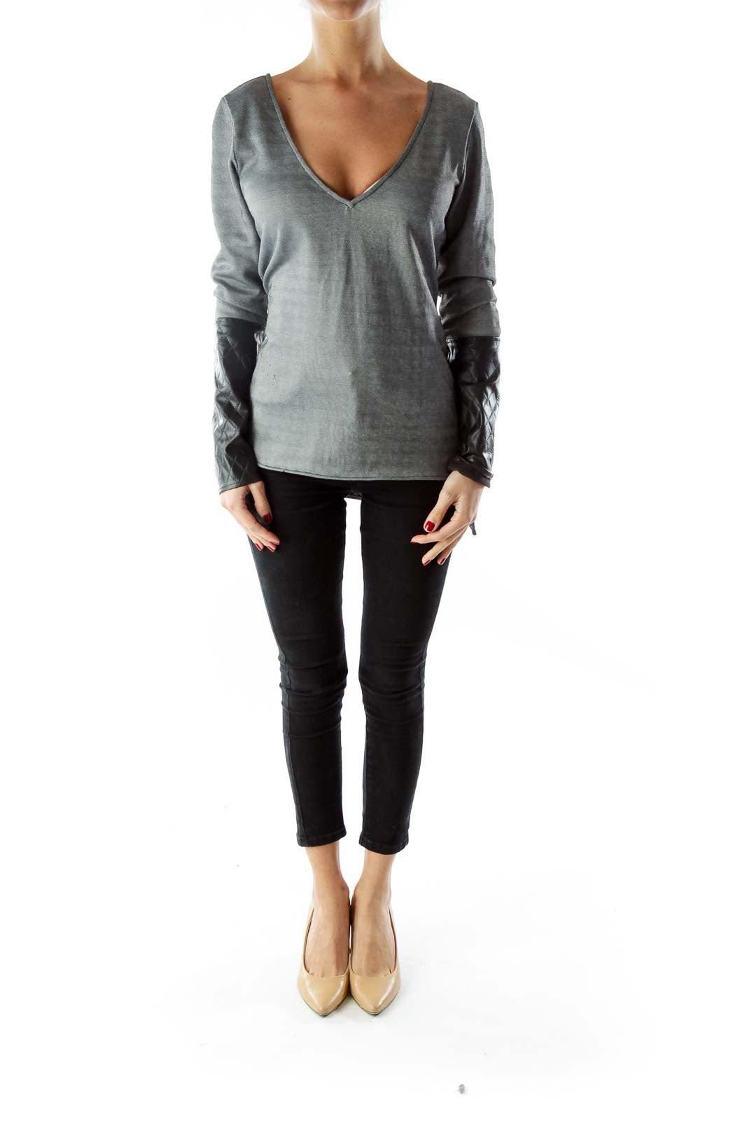 Gray V-neck long sleeve with black sleeve detailing