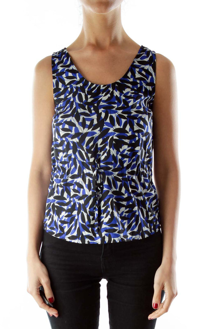 Blue, black, and white leaf print tank top