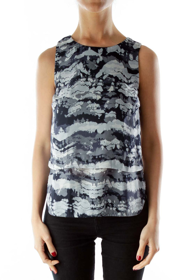 Blue and white print tank top