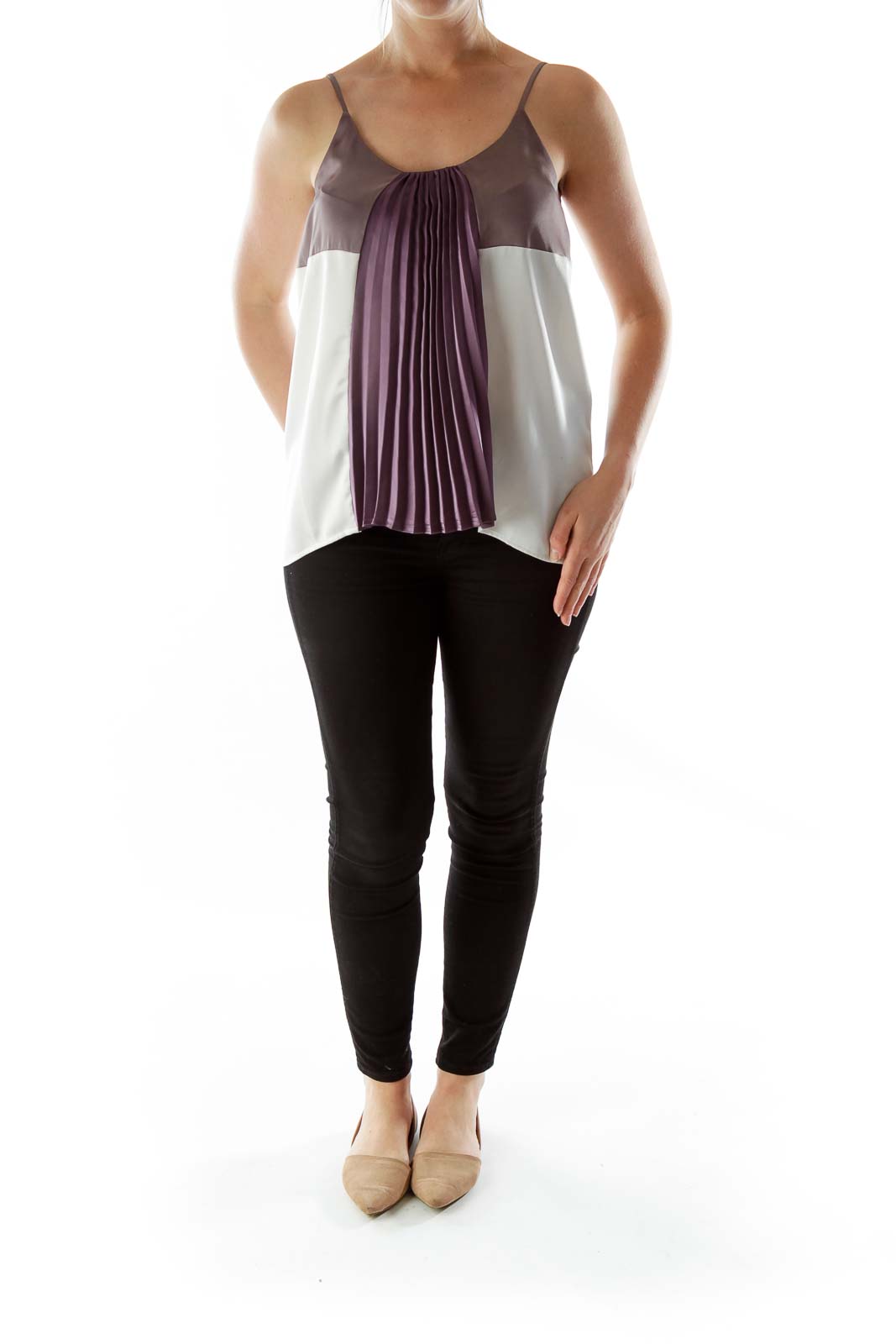 Purple and white pleated tank top