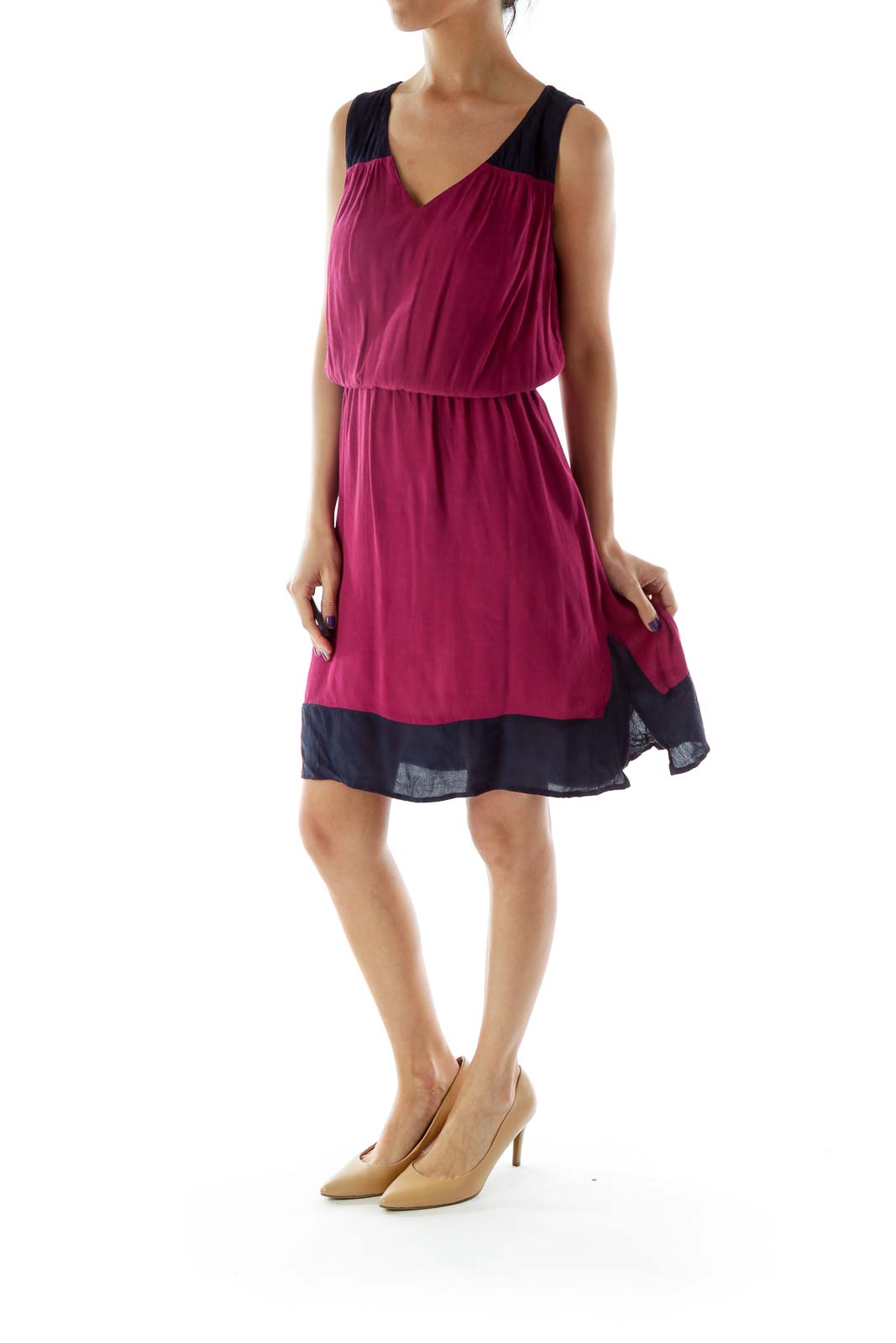 Purple Navy V-Neck Sleeveless Day Dress