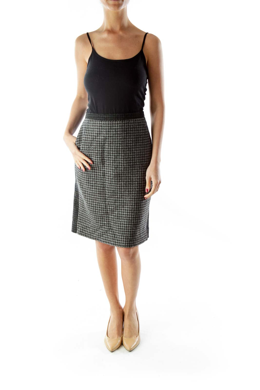 Gray Black Houndstooth Wool Pencil Skirt