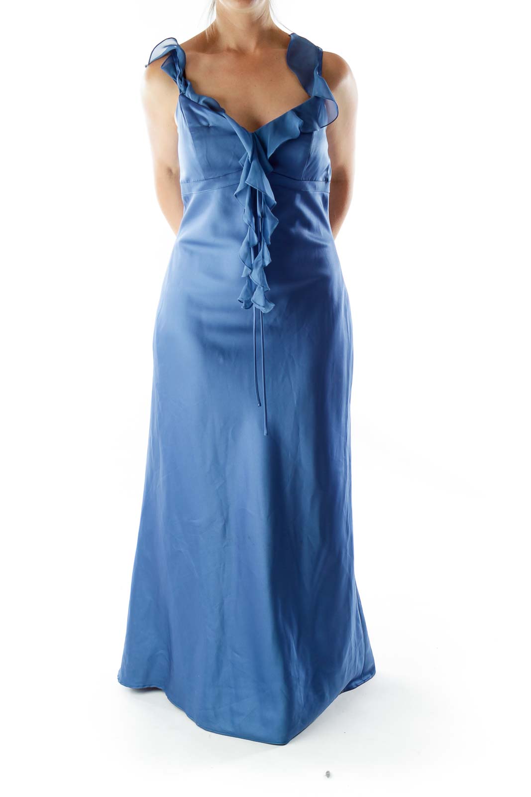 Blue V-Neck Ruffled Evening Dress