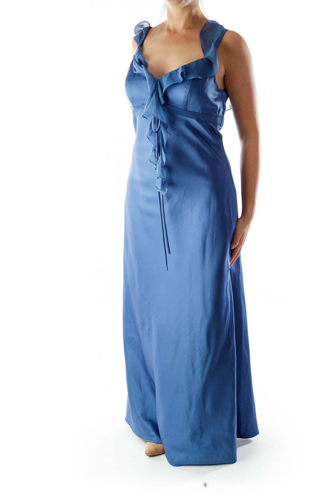 Blue V-Neck Ruffled Evening Dress