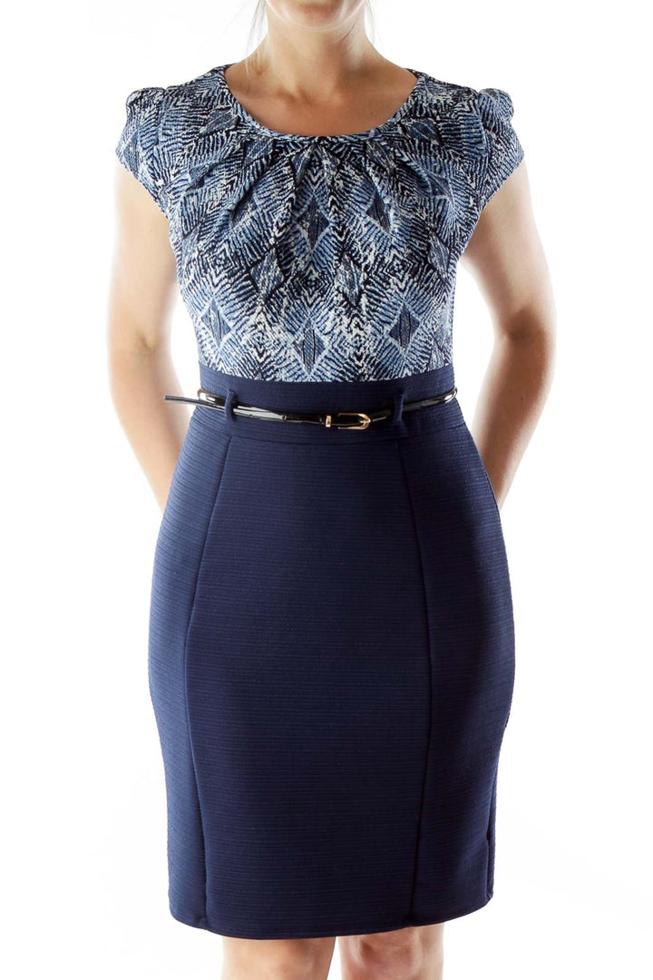 Blue Navy White Geometric Print Work Dress