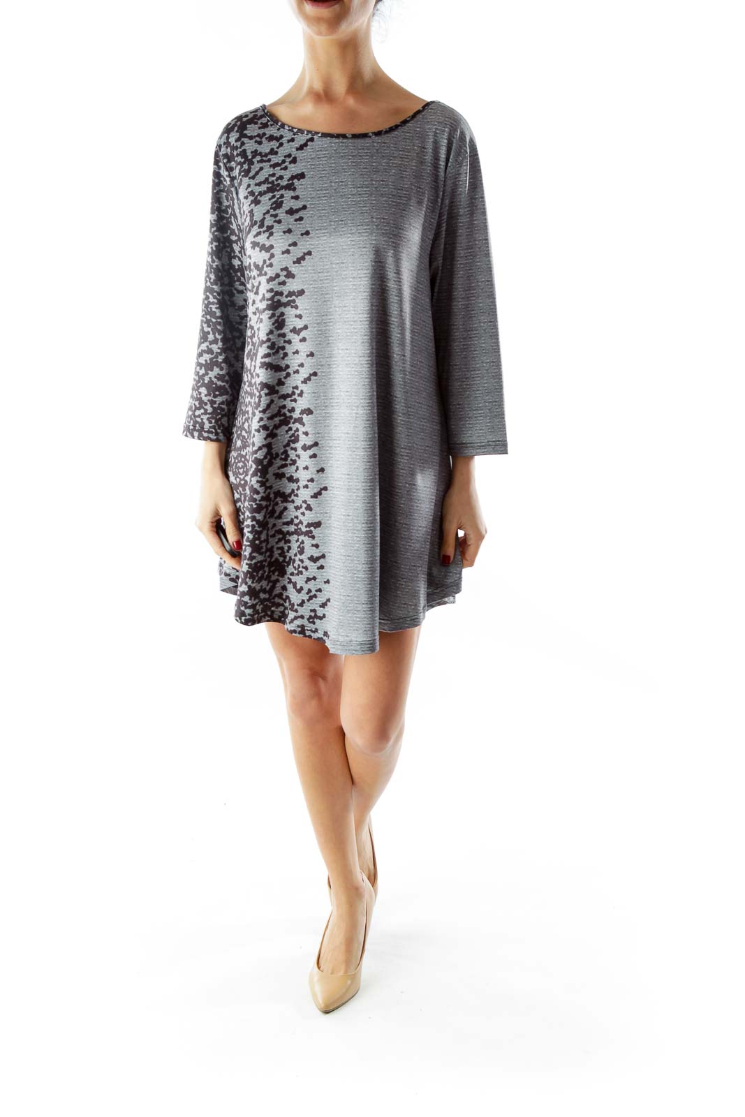 Gray Black Print Three-Quarter Sleeve Day Dress