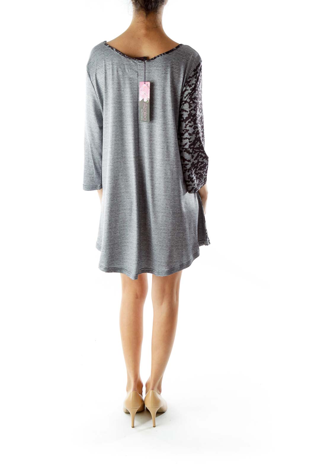 Gray Black Print Three-Quarter Sleeve Day Dress