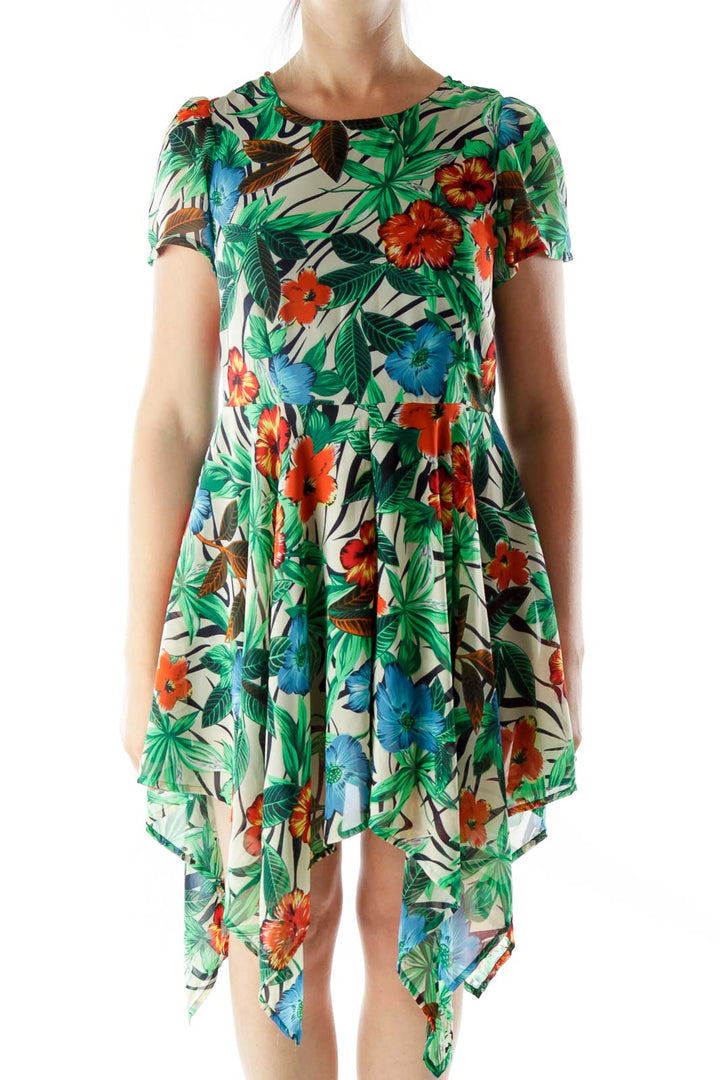 Multicolor Flower Print Asymmetrical Day Dress